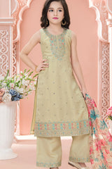 Beige Embroidered Kurta Set with Floral Printed Dupatta For Girls