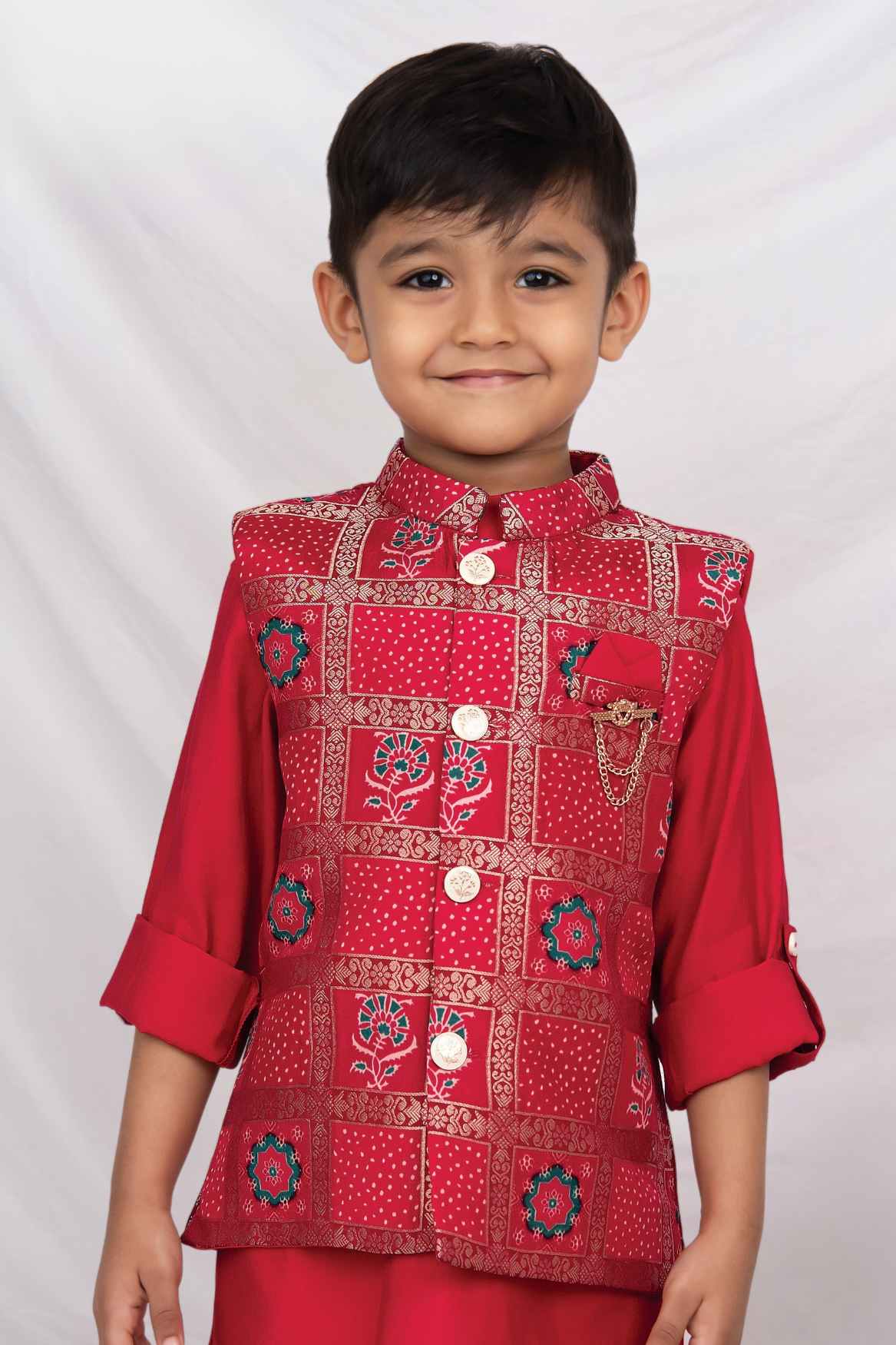 Red Jaipuri Printed Waist Coat And Kurta With Cream Pant Set For Boys