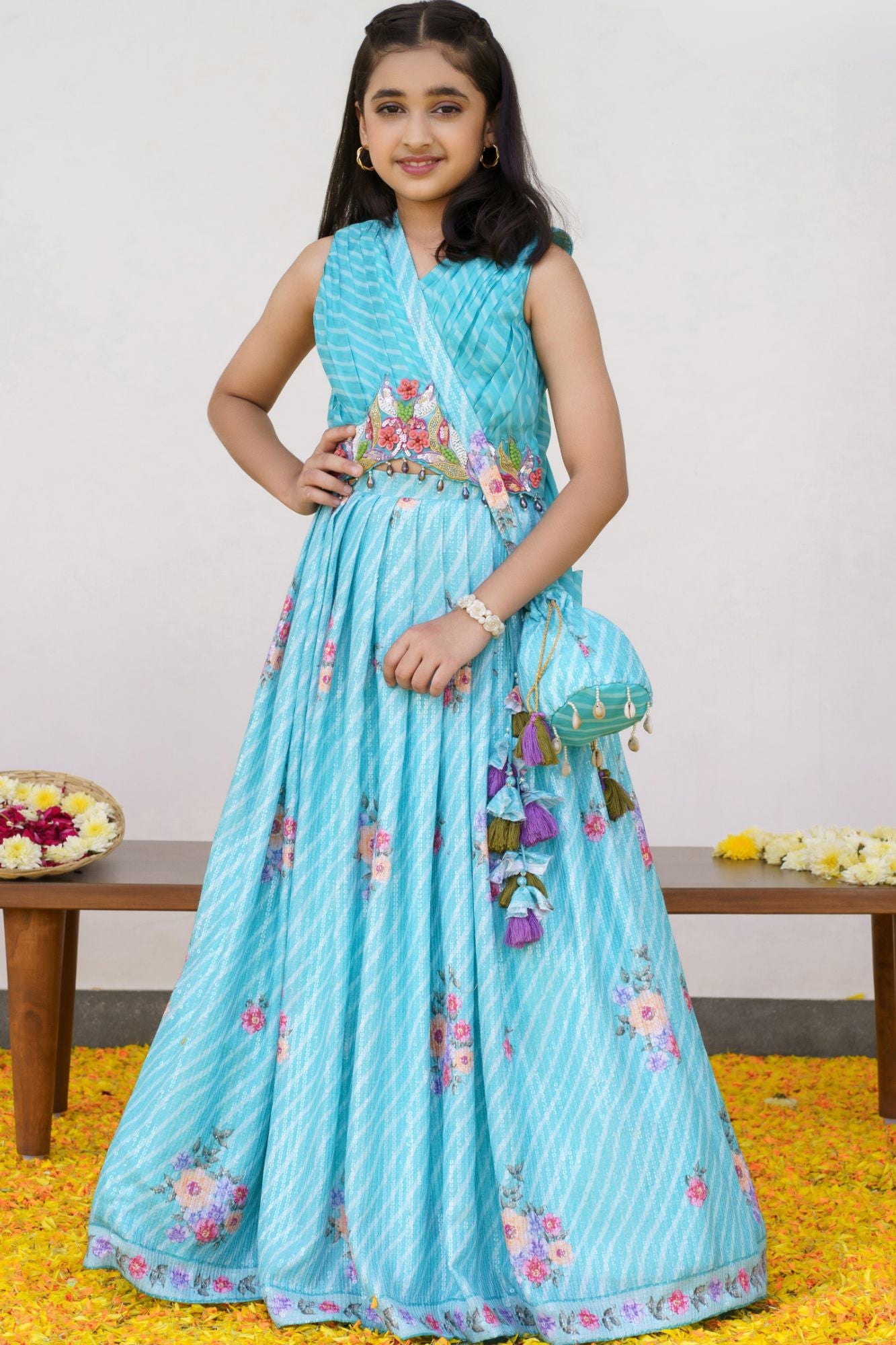Aqua Blue Floral Lehenga Choli Set