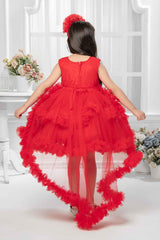 Red Sleeveless And Sequins Worked With Floral Embellished Tail Back Frock For Girls