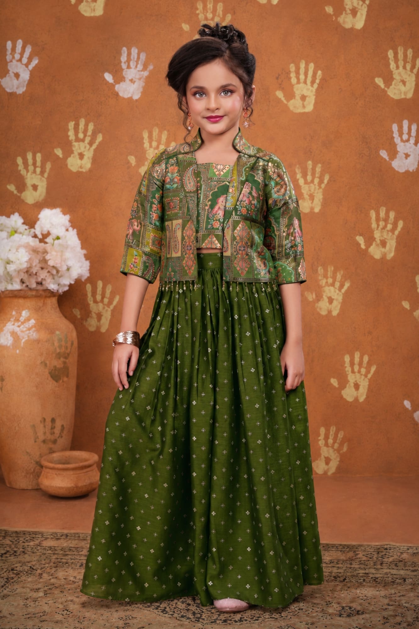 Girls Olive Green Printed Palazzo Set with Jacket and Palazzo Pants