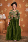 Girls Olive Green Printed Palazzo Set with Jacket and Palazzo Pants