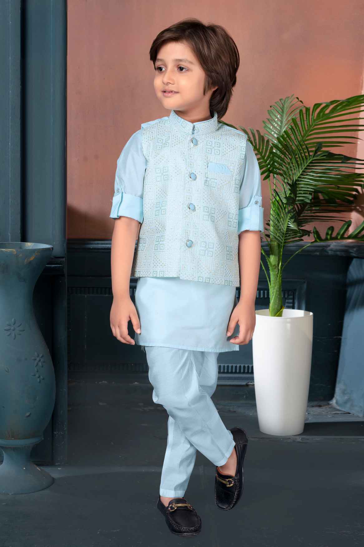Sky Blue Sequins Embroidery Kurta Set With Waist Coat Set For Boys