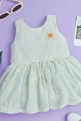 Green Thread Embroidered Cotton Casual Frock For Girls