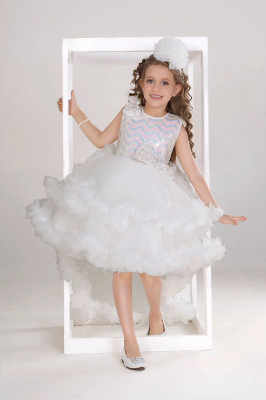 White Ruffle Party Gown with Sequin Bows and High-Low Hem For Girls