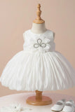 White Party Frock with Oversized Floral Appliqué and Pleated Shine Finish For Girls