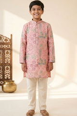 Boys Peach Floral Embroidered Kurta Set with Cream Pyjama