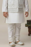 White Embroidered Kurta Pajama Set with Ethnic Jacket for Boys