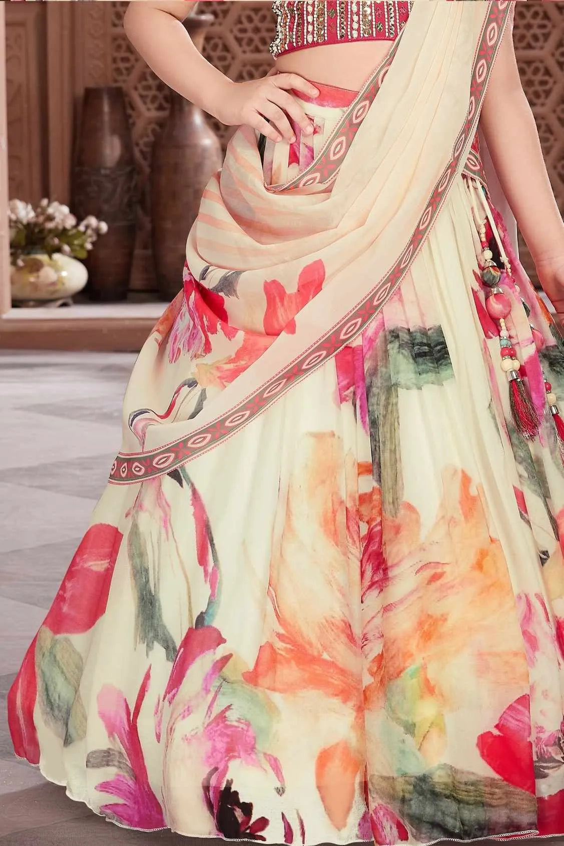 Ivory Floral Printed Lehenga Choli Set for Girls