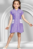 Purple Dress With Front Buttons And Floral Patch Pockets For Girls
