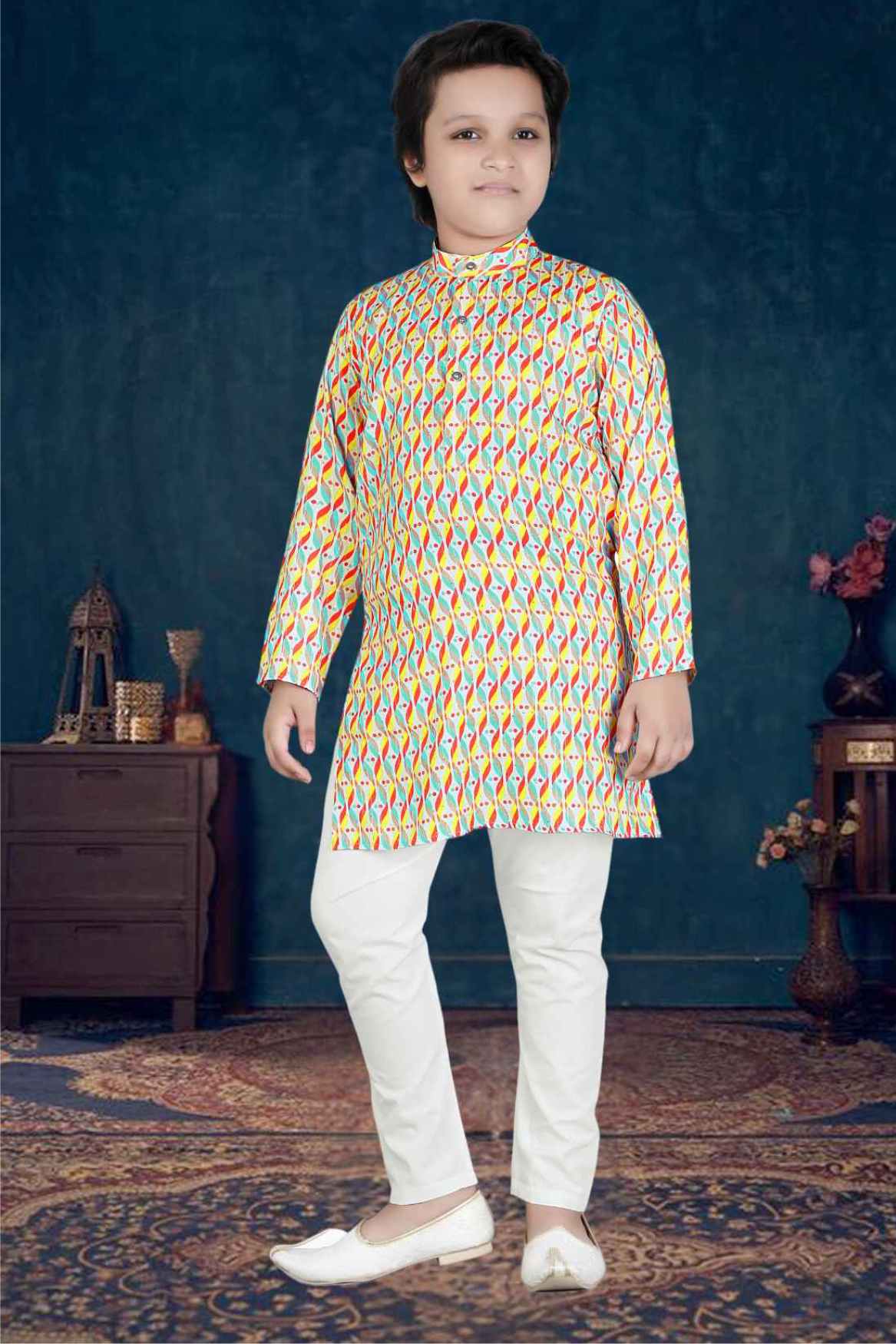 Golden Asymmetric Printed Kurta And White Bottom Set For Boys