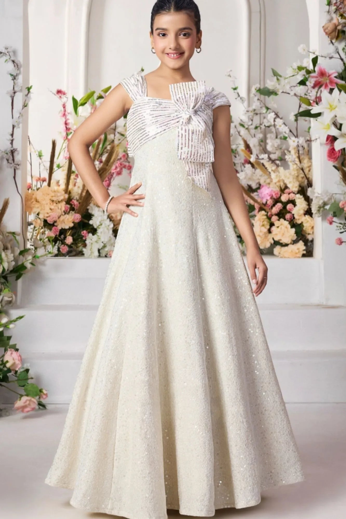 Cream Sequin Gown with Statement Bow and Shimmer Detailing For Girls