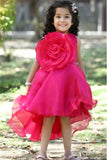 Elegant Rani Pink Oversized Floral Embellishment Party Wear Tailback Frock For Girls