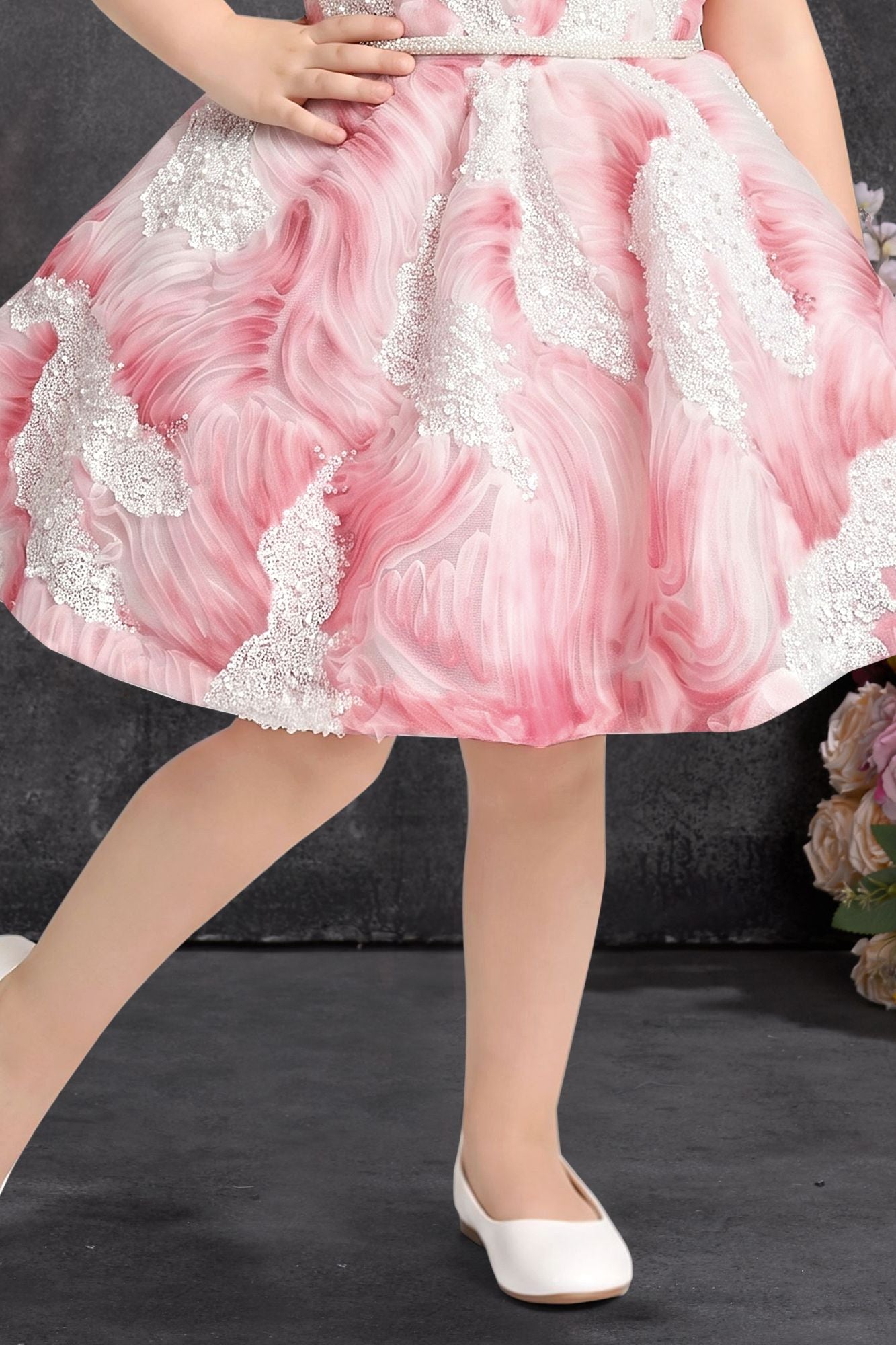 Girls Pink Marble Print One-Shoulder Party Wear Frock with Floral Applique