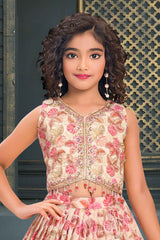 Pink Sequins Embroidered And Leaf Print Lehenga Choli Set For Girls