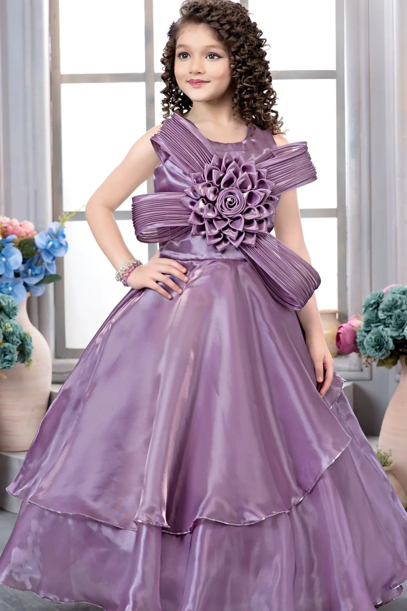 Lavender Designer Bow & 3D Rosette Party Gown For Girls