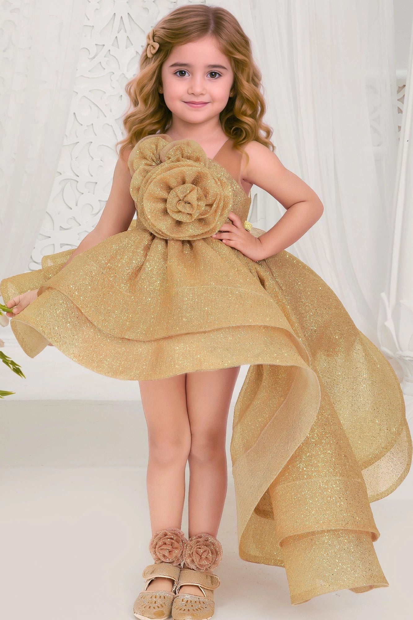 Golden High-Low Party Frock with Oversized Rosette For Girls