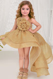 Golden High-Low Party Frock with Oversized Rosette For Girls