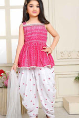 Pink Bandhani Printed And Mirror Worked Dhoti Set For Girls