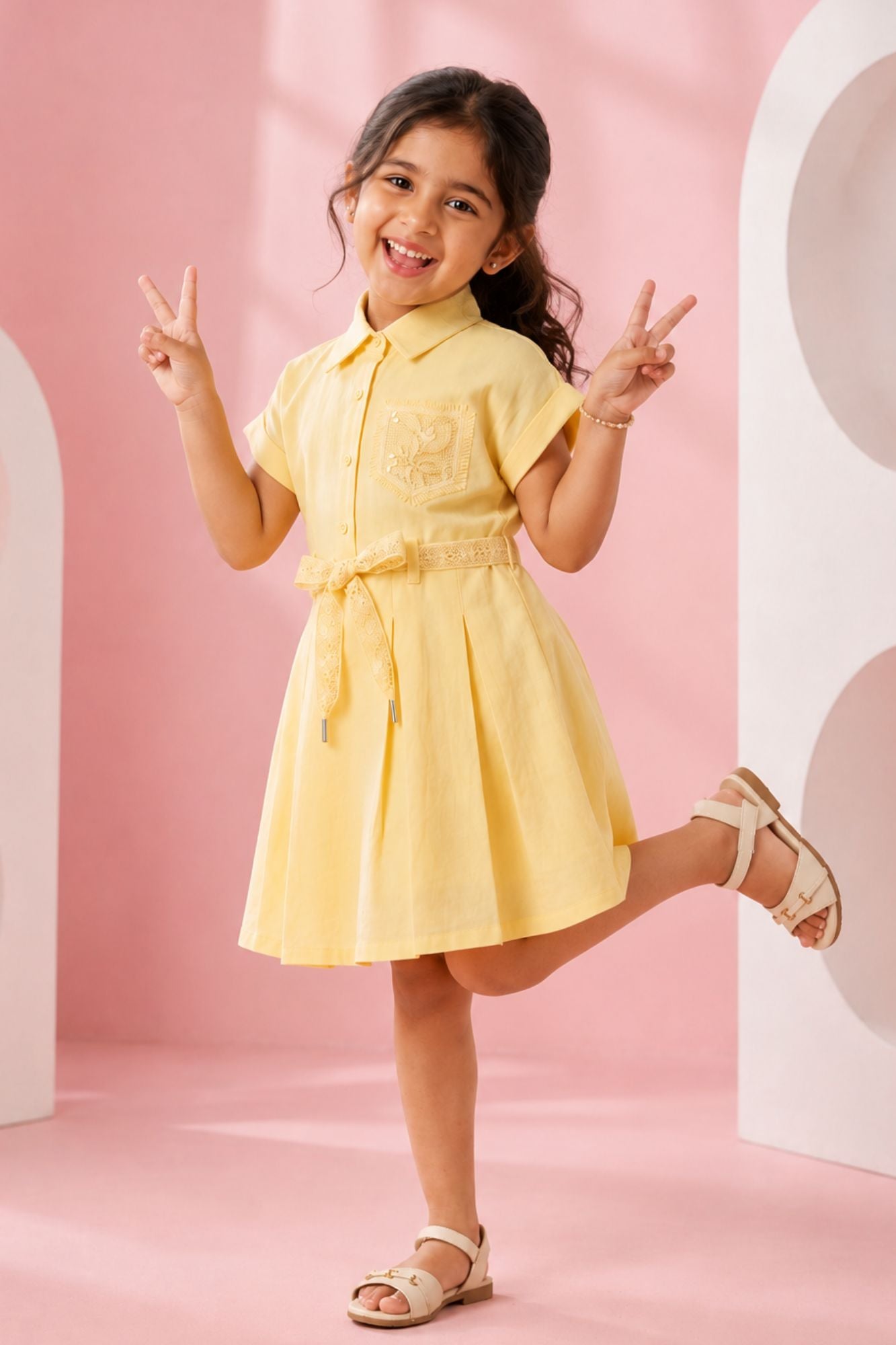 Girls Yellow Embroidered Fit And Flare Casual Dress with Waist Tie Belt