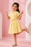 Girls Yellow Embroidered Fit And Flare Casual Dress with Waist Tie Belt