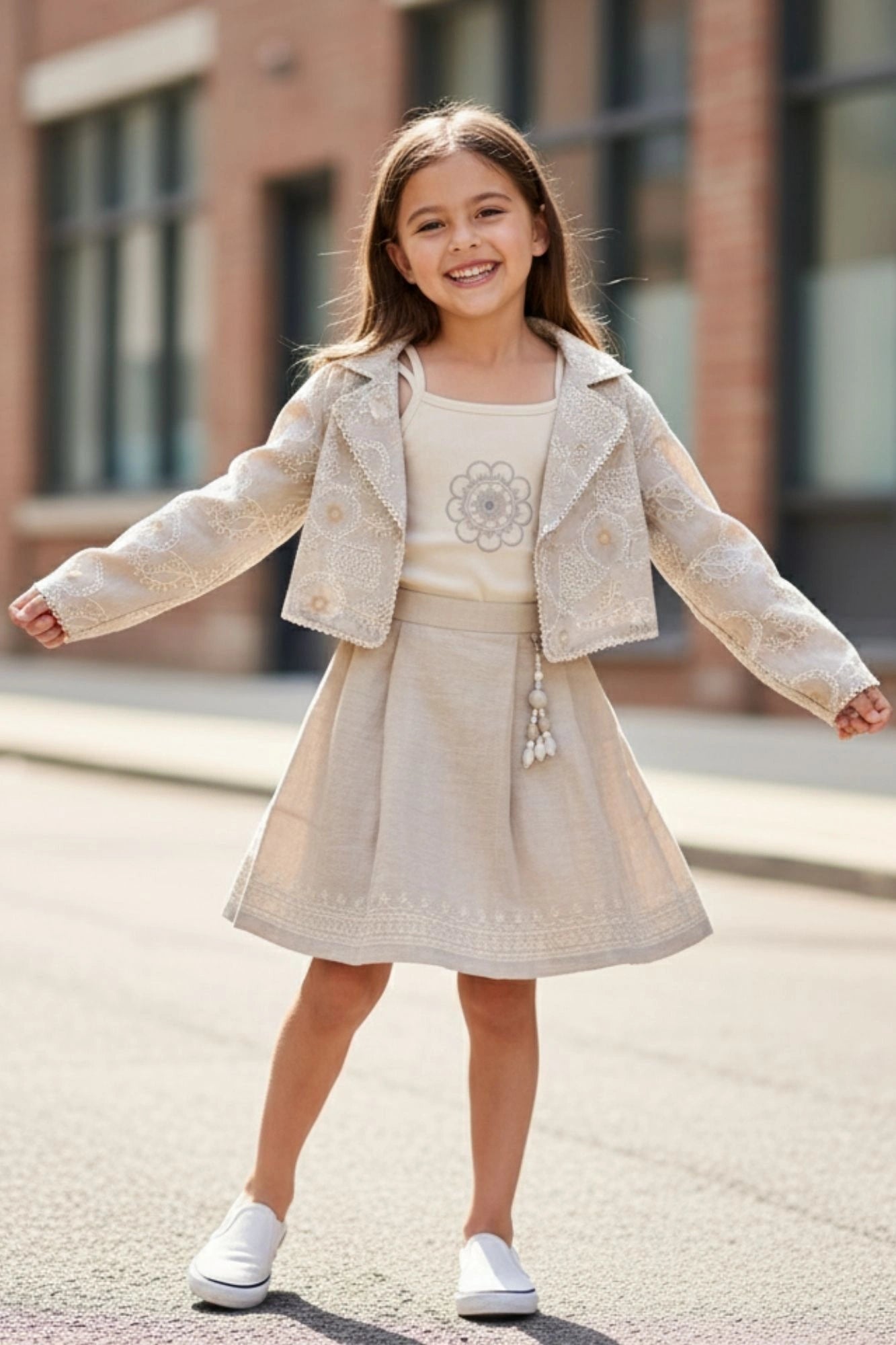 Beige Embroidered Jacket & Skirt Co-ord Set For Girls