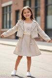 Beige Embroidered Jacket & Skirt Co-ord Set For Girls
