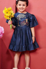 Stylish Blue Denim Casual Frock With Embroidery For Girls