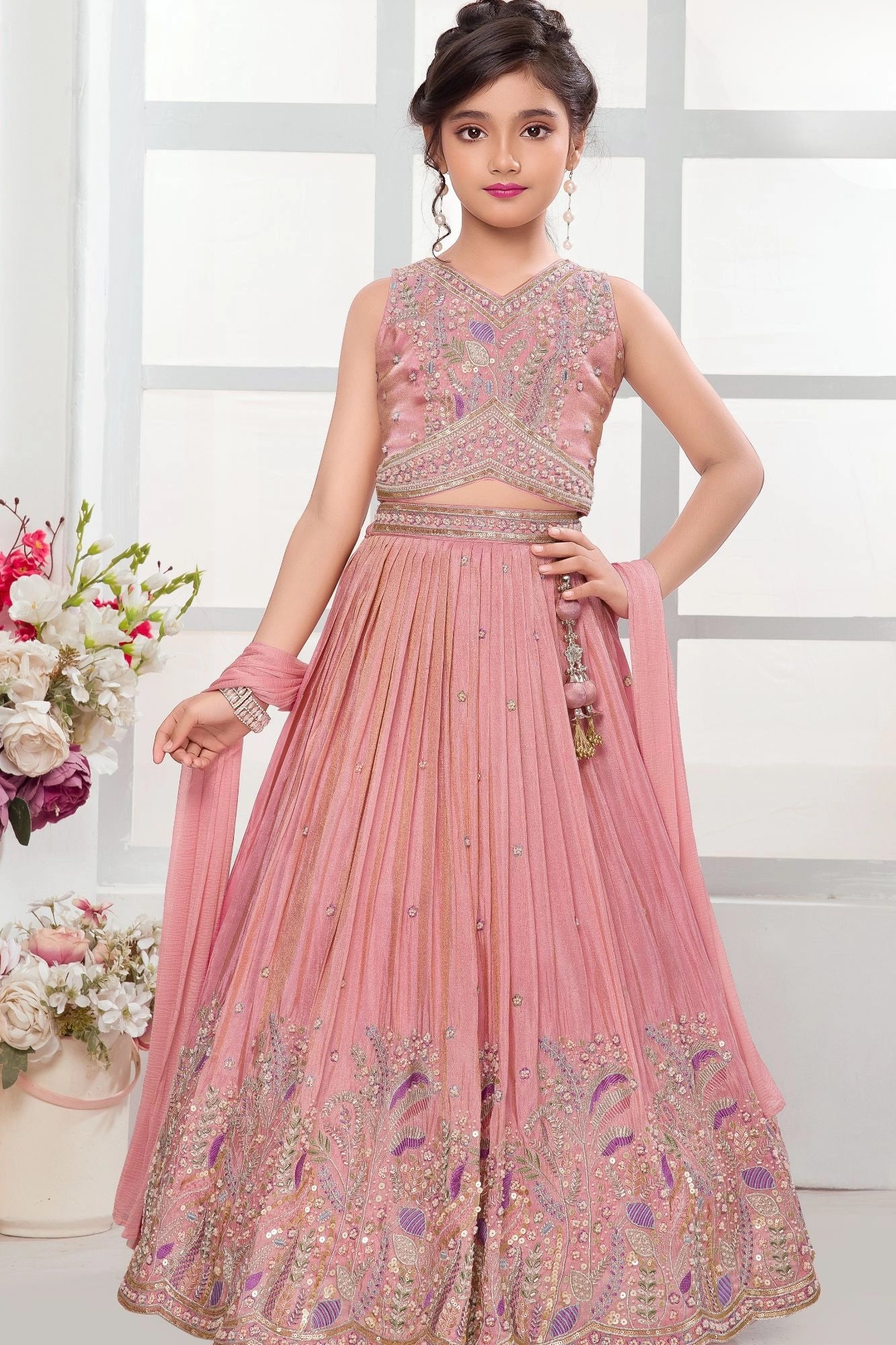 Pink Embroidered Lehenga Choli Set with Dupatta For Girls