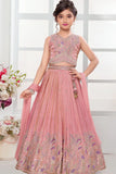 Pink Embroidered Lehenga Choli Set with Dupatta For Girls