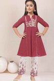 Maroon Kurta Set with Embroidered Yoke & White Printed Pants For Girls