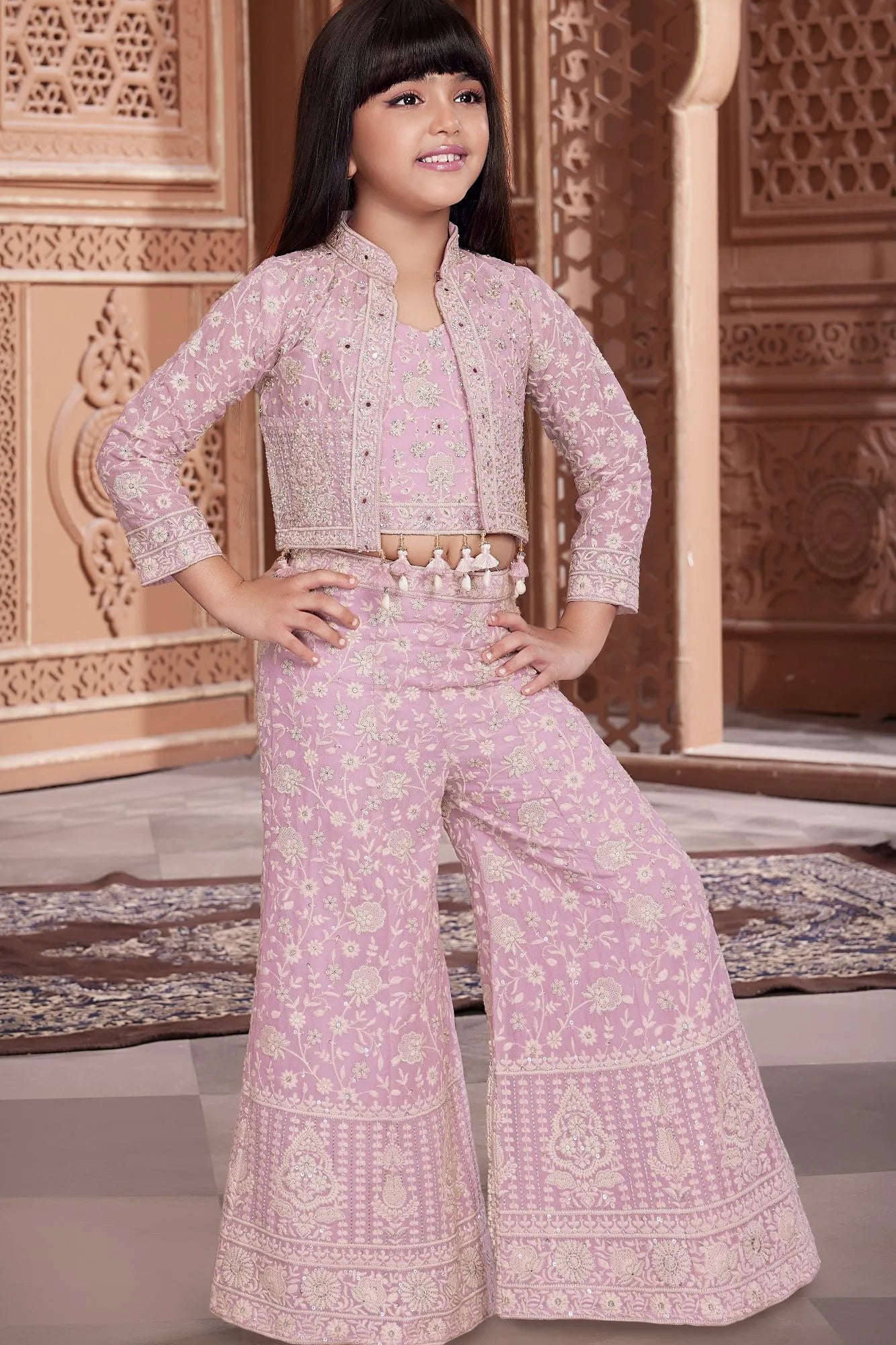 Blush Pink Thread Embroidered Palazzo Set with Crop Top and Matching Jacket for Girls