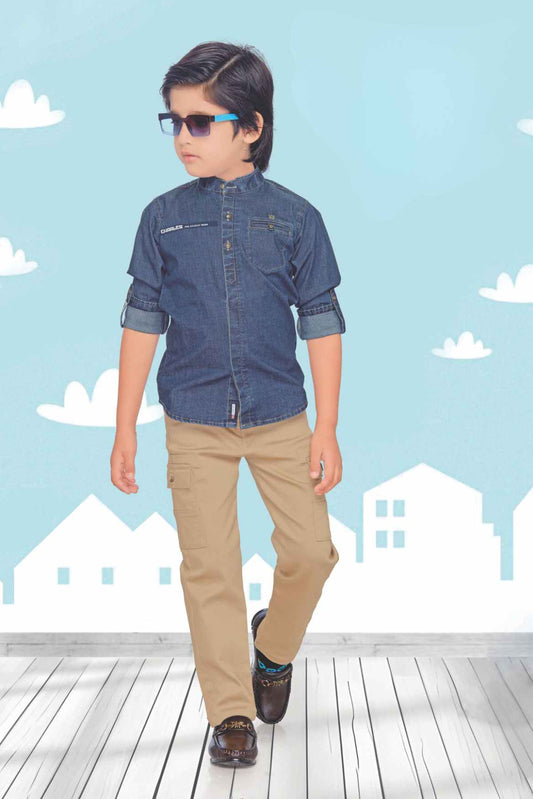 Stylish Denim Shirt With Brown Pant Set For Boys