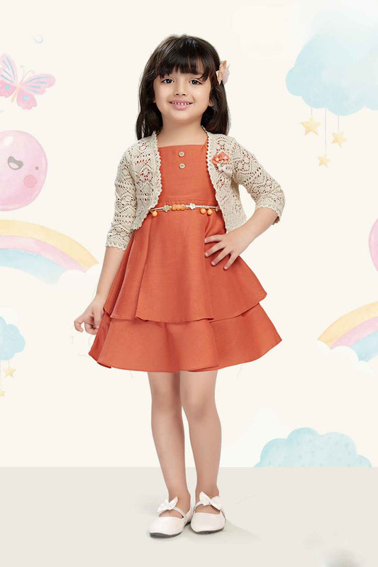 Rust Casual Frock With Overcoat For Girls