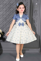 Cream Frock With Blue Sequin Overcoat For Girls