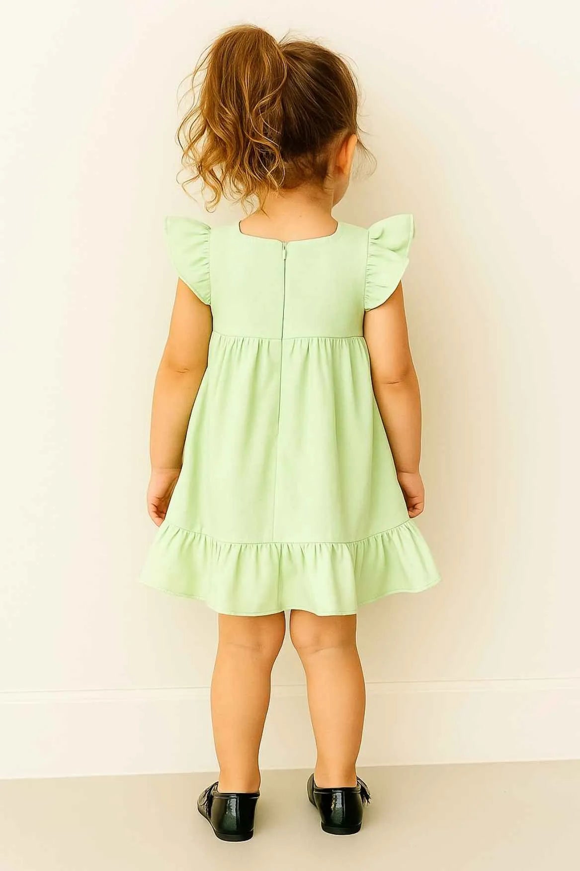 Casual Pastel Green Cotton Dress with 3D Flower Appliqué For Girls