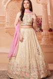 Beige And Pastel Multicolor Embroidered Lehenga Choli Set For Girls