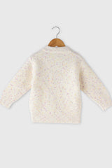 Cream Polo Neck Pullover With Floral Embroidery For Girls