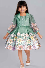 Olive Green Floral Printed And Floral Embellishment Frock For Girls