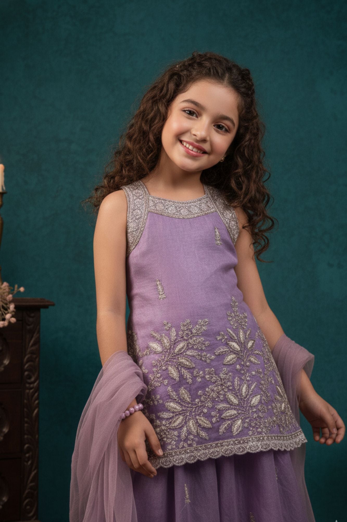 Royal Lavender Sequins Work With Thread Embroidery For Palazzo Set For Girls