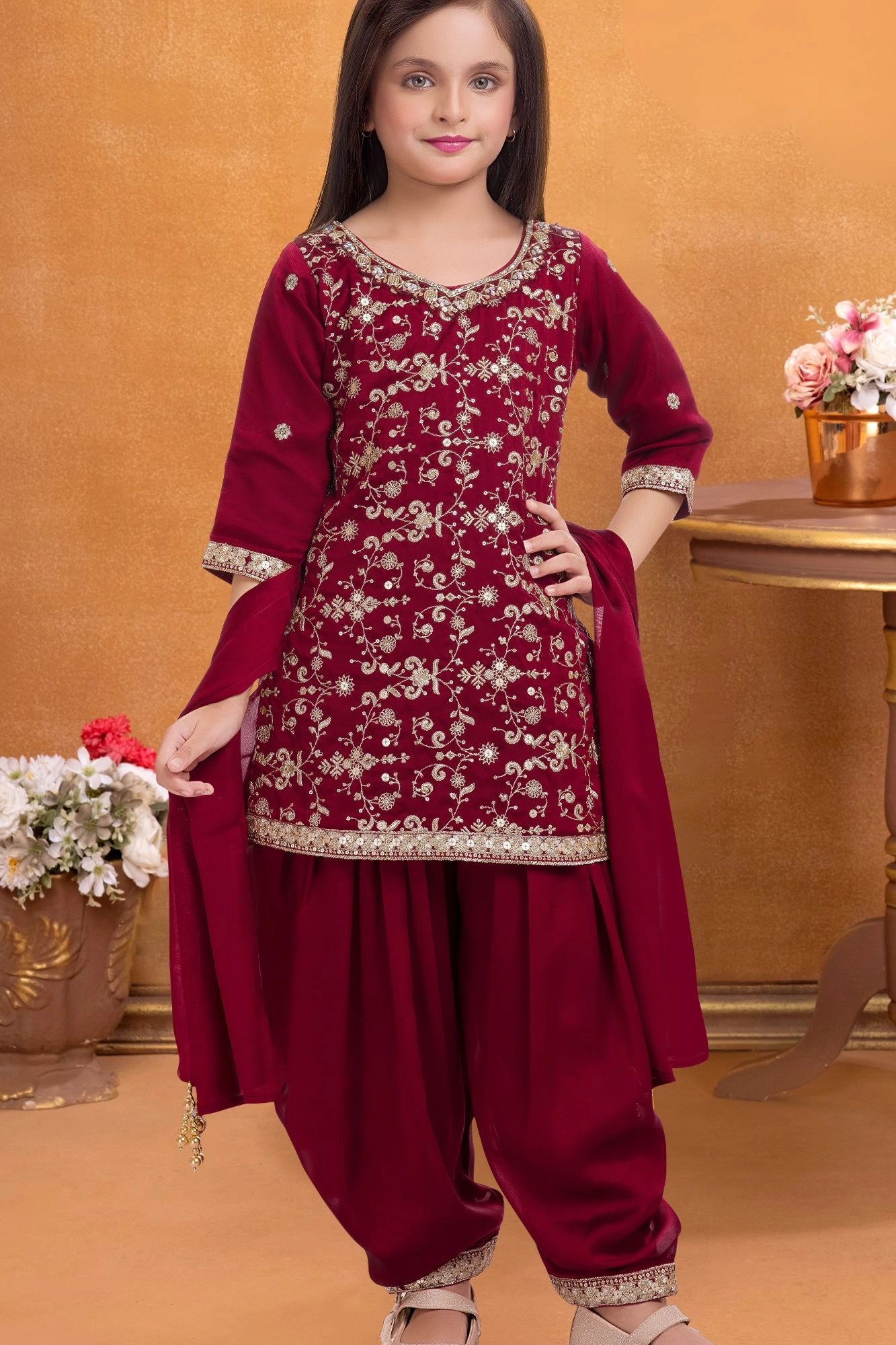 Maroon Embroidered Patiala Set For Girls