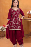 Maroon Embroidered Patiala Set For Girls
