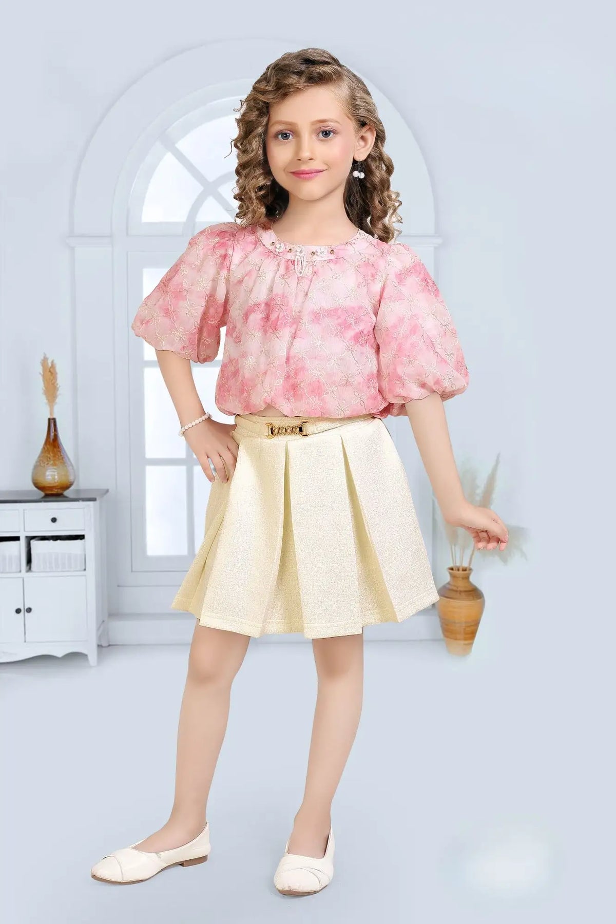 Pink Floral Top with Pleated Cream Skirt & Belt Detail For Girls