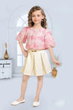 Pink Floral Top with Pleated Cream Skirt & Belt Detail For Girls