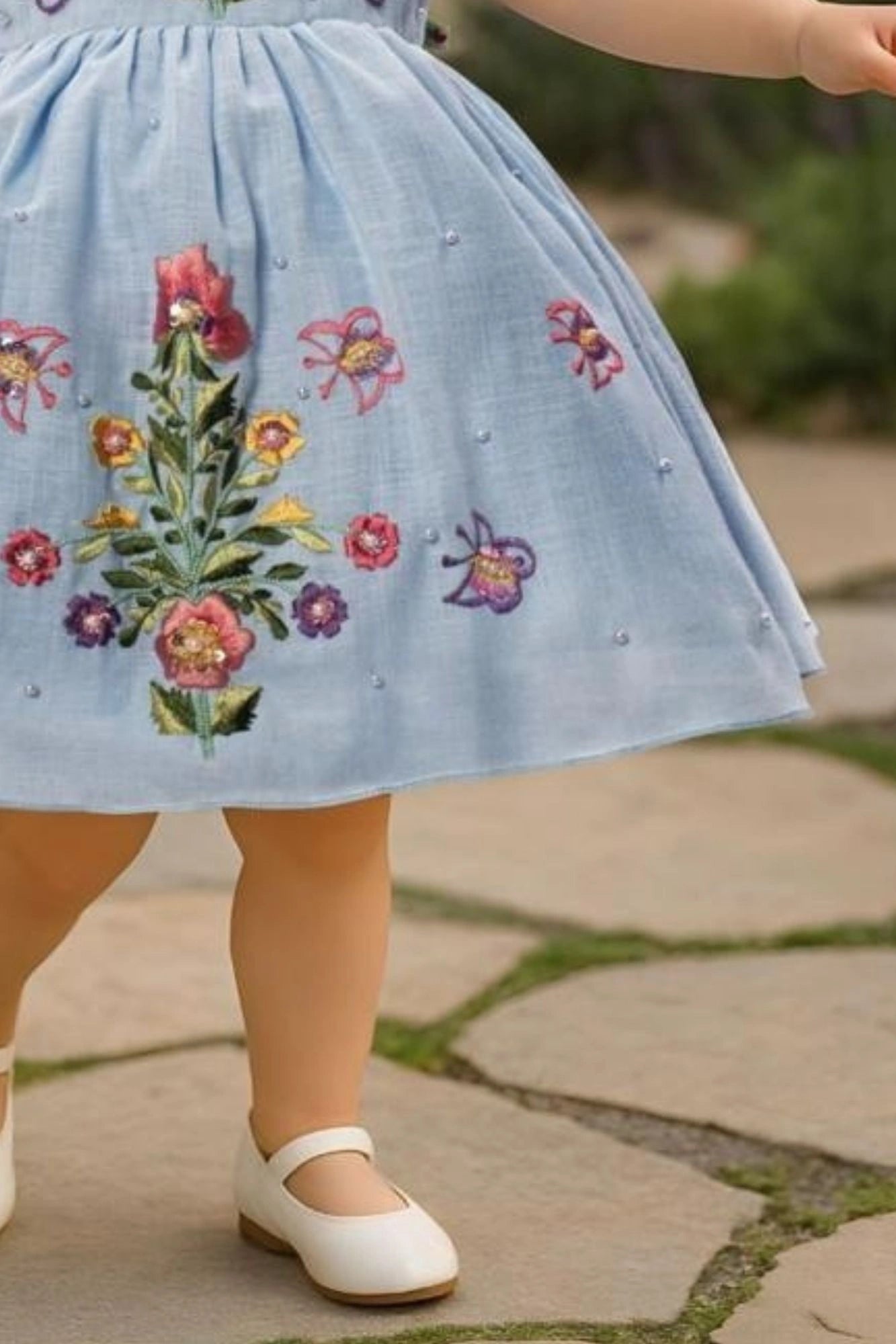 Sky Blue Sleeveless Embroidered Frock With Butterfly Motifs & Pearls For Girls