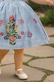 Sky Blue Sleeveless Embroidered Frock With Butterfly Motifs & Pearls For Girls
