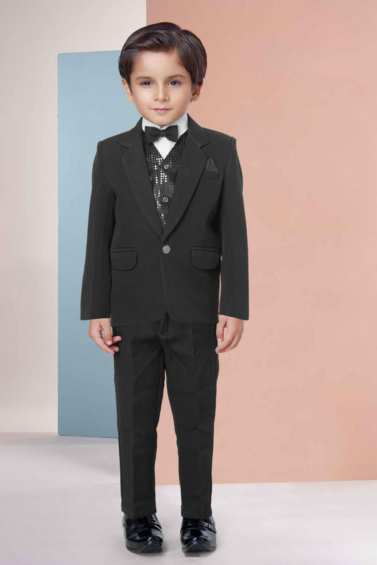 Black Tuxedo With Black Pant And Sequin Waistcoat Set For Boys