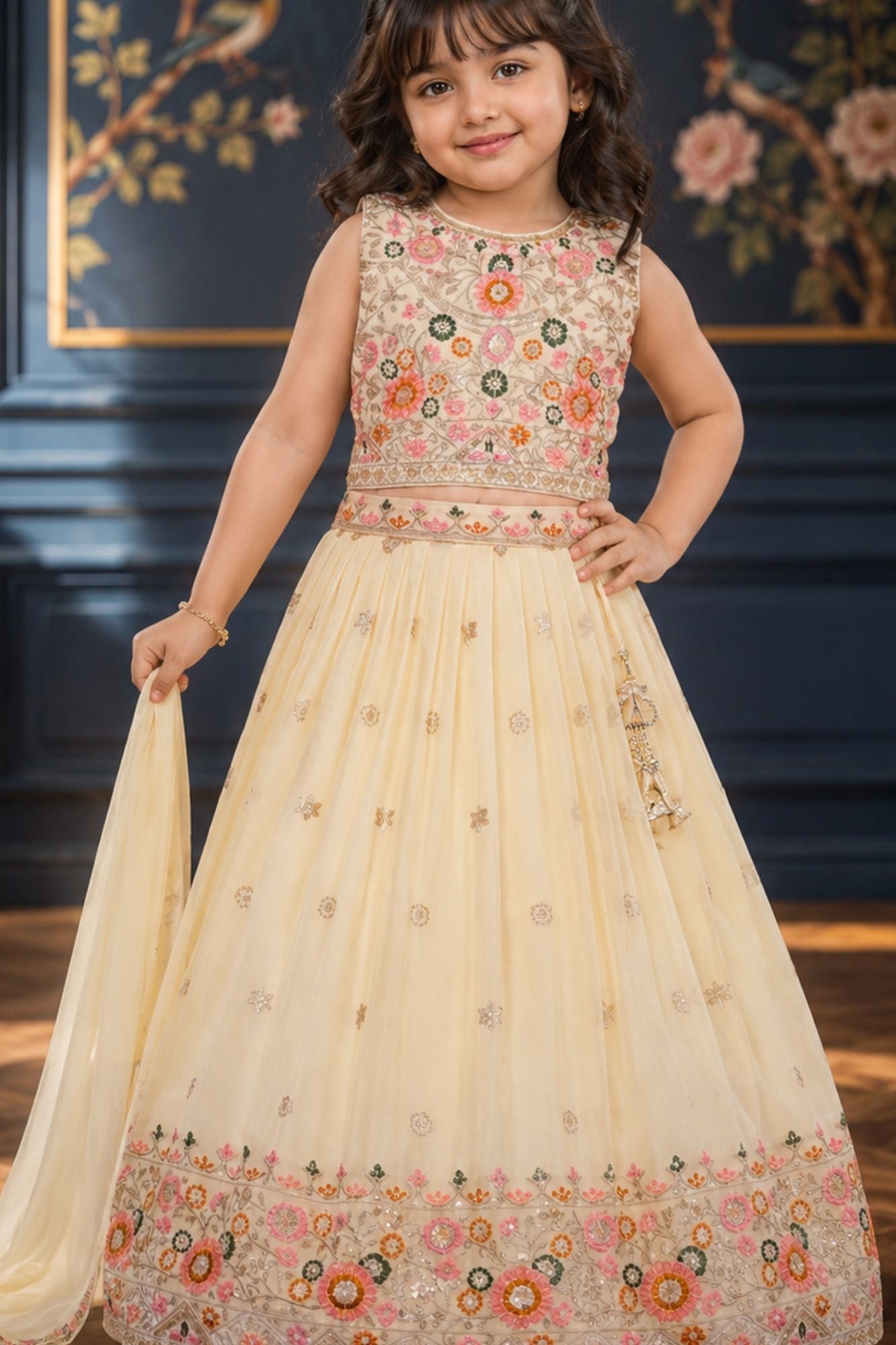 Girls Cream Embroidered Lehenga Choli Set with Dupatta