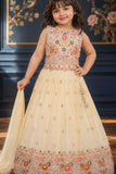 Girls Cream Embroidered Lehenga Choli Set with Dupatta