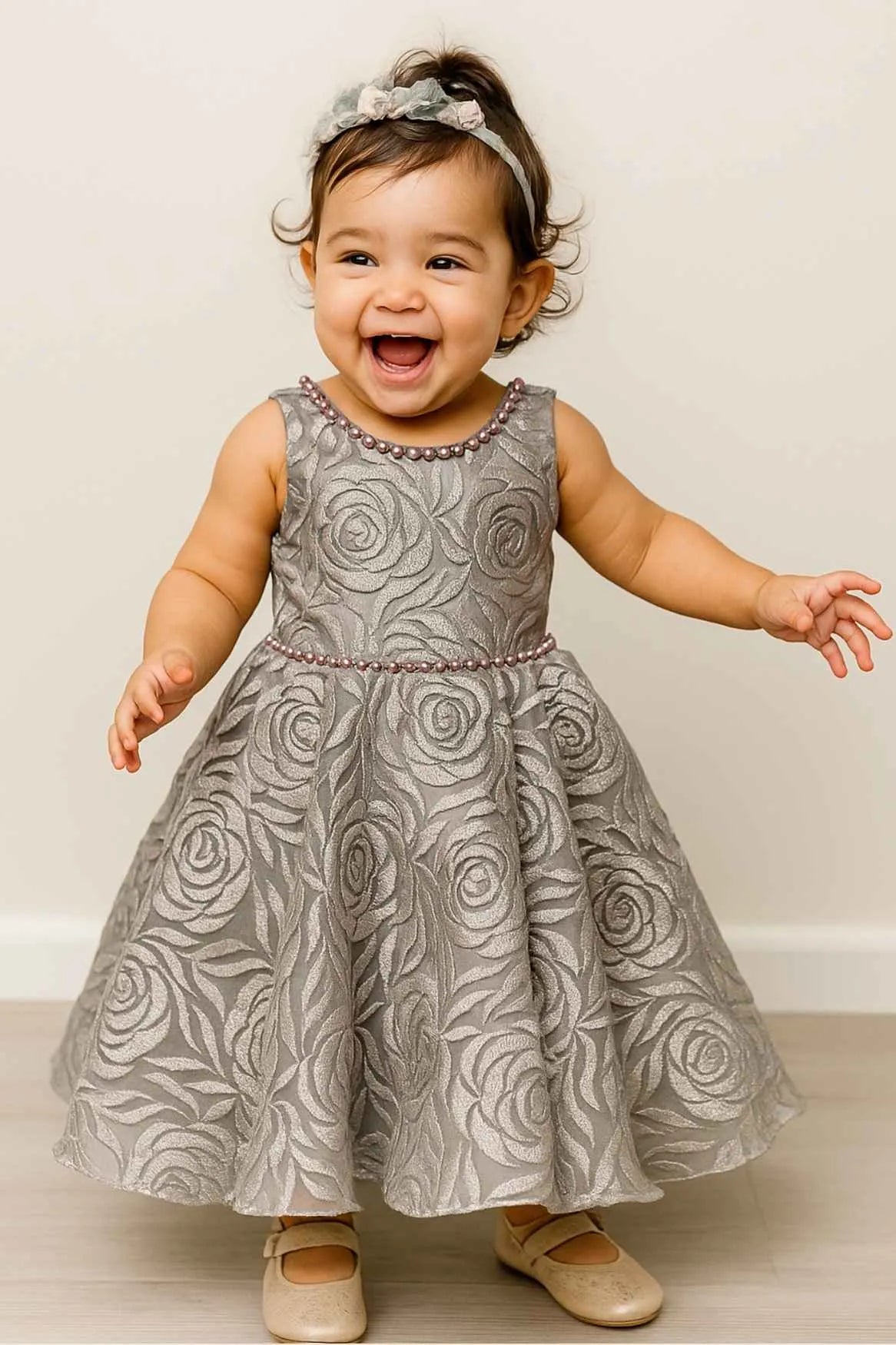 Silver Floral Embellishment Party Wear Gown For Girls